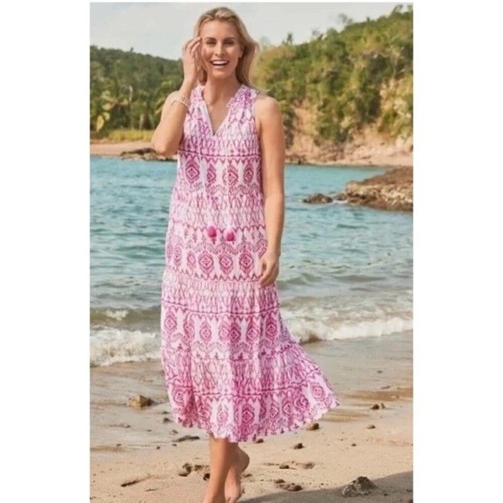 TOMMY BAHAMA Ikat Tropics Passion Pink White Midi Dress‎ Cotton Voile Medium